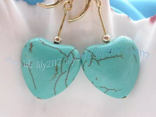 18mm Natural Blue Turquoise Heart Shaped Gemstone Beads Dangle Earrings - Picture 2 of 6