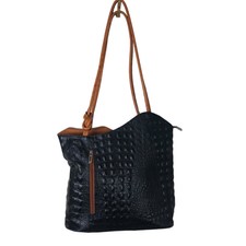 Moda In  Pelle Purse Womens Black Ostrich Pattern Italian Leather Tote Backpack