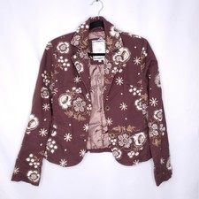 Paparazzi By Biz Cropped Button Jacket Brown Embroidered Coat Boho Floral Sz S