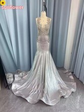 Gorgeous Silvery Mermaid Evening Dresses Sleeveless Sequins Beaded Party Gowns