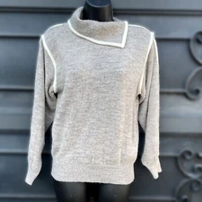 VTG C&A Womens Small Oatmeal White Piping High Neck Sweater Wool Angora Blend