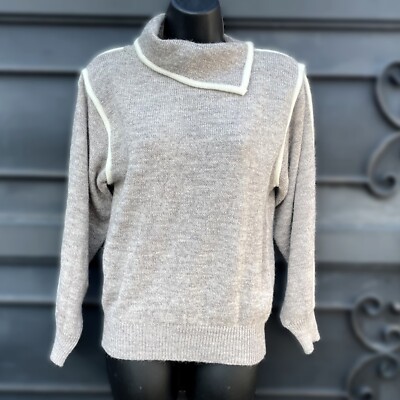 VTG C&A Womens Small Oatmeal White Piping High Neck Sweater Wool Angora  Blend