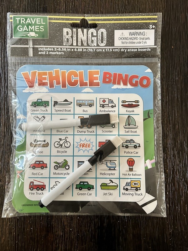 CAR TRAVEL GAMES ROAD BINGO DRY ERASE BOARD CARDS WITH MARKERS, 2 DESIGNS! NIP