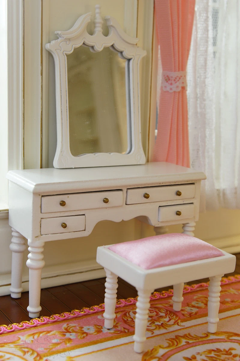 1 12 Dollhouse Dressing Table Mirror Stool White Elegant Real Wood Fine Deluxe
