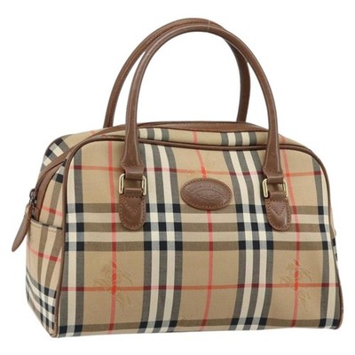 BURBERRY Nova Check Boston Bag Canvas Leather Beige Gold Auth