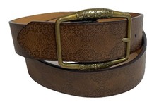 Embossed Faux Leather Belt Women  s Sz L/34 Brown Etched Brass Buckle