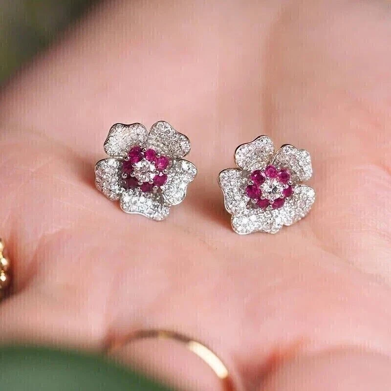 Art Deco Style Lab Created Diamond & Ruby Flower 925 Silver Engagement Earrings - Image 2 of 4