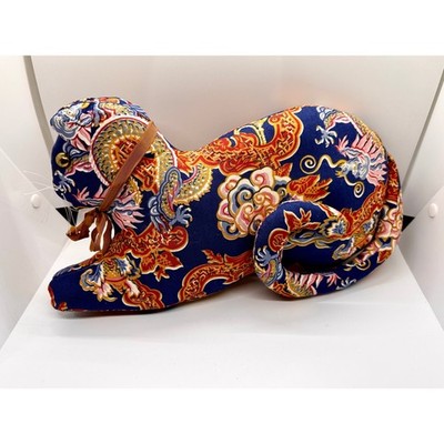Vintage Elizabeth Arden Chinoiserie Cat Dragon Print Plush Blue Gold 9 Inch