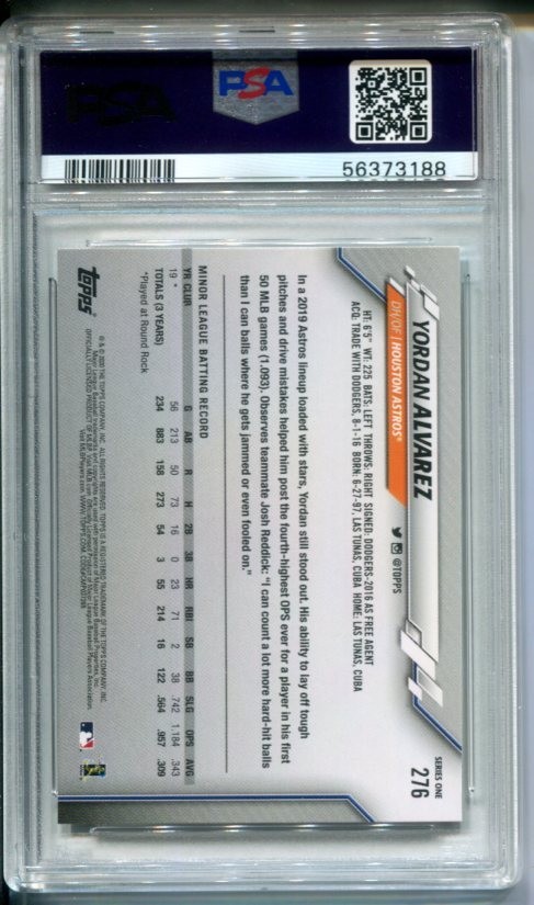2020 TOPPS YORDAN ALVAREZ RC #276 PSA 10 GEM MINT ASTROS view 2