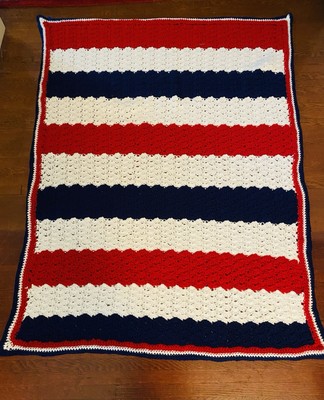 Handmade Crochet Red White Blue Patriotic Lap Throw Afghan Blanket 44x57