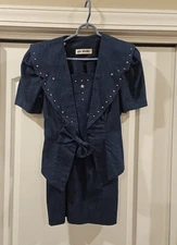 Vintage go vicki! Skirt Suit Womens 3/4 Blue Embellished Peplum Made USA 90s. 