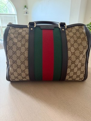 Authentic Gucci GG Canvas Web Boston Bag Medium w/ Box Dust Bag & Cards