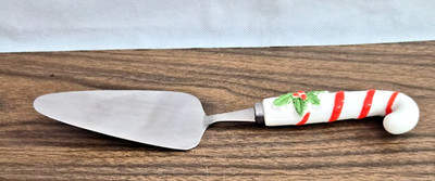 Vintage Christmas Ceramic Candy Cane Pie Server Holly Berries Stainless Blade