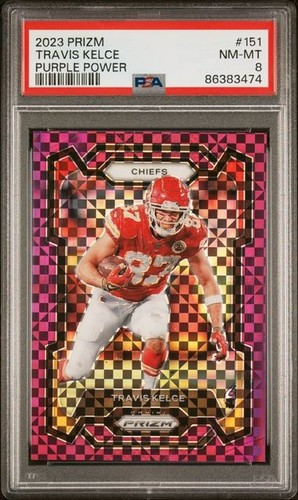 2023 Panini Prizm Travis Kelce #151 Purple Power Prizm /49 PSA 8