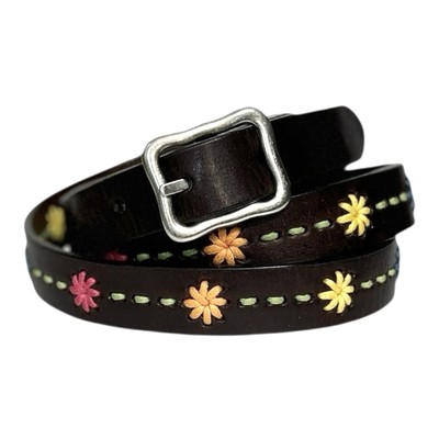 DOCKERS Dark Brown Leather Belt Embroidered Daisy Boho Y2K Women s L 42 