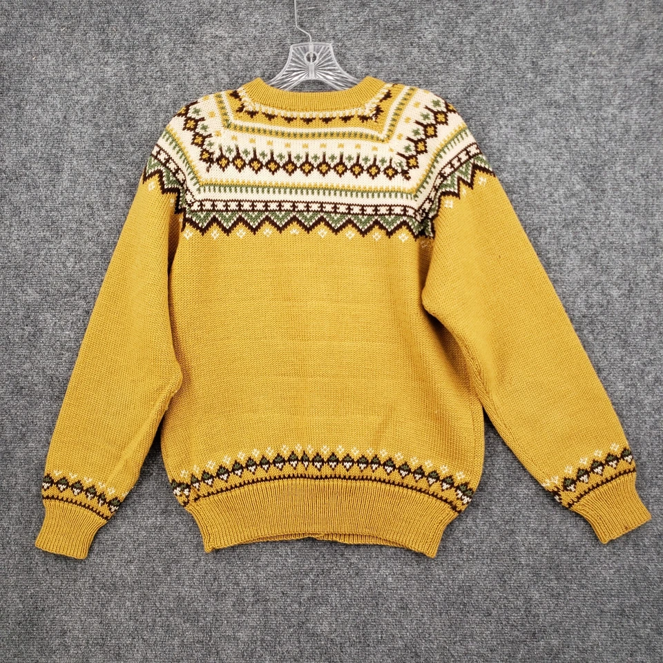 Cardigã suéter feminino M amarelo médio Fair Isle nórdico gola redonda botão frontal - Imagem 2 de 4