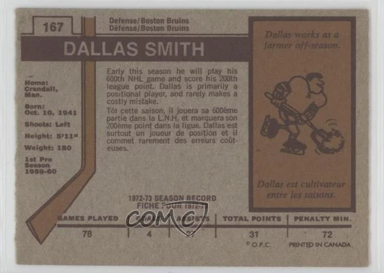 1973-74 O-Pee-Chee Dark Back Dallas Smith #167 - Image 2 of 2