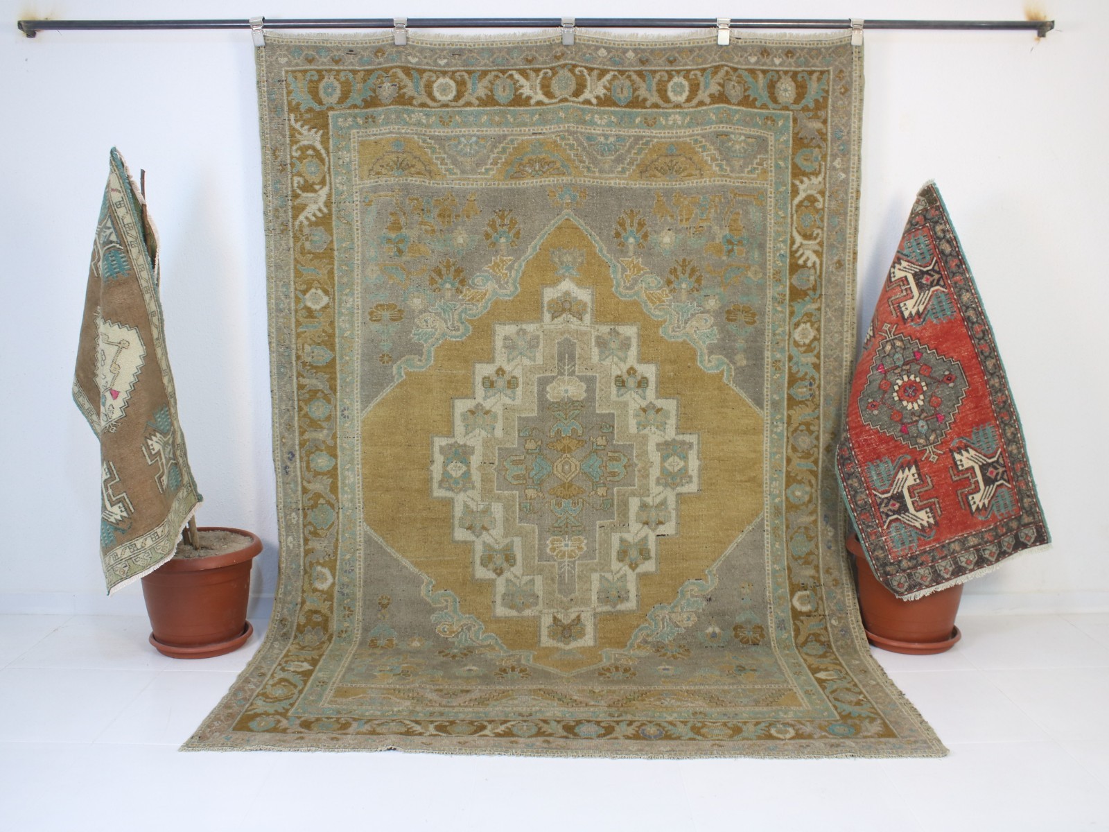 6x8 Turkish Handmade Rug Orange Blue Geometric 5.8x8.0 ft