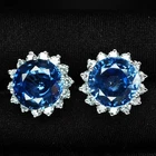 Elegant Vivid Blue Sapphire 14.25Ct 925 Sterling Silver White Gold Halo Earrings