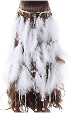 "Feather Headband White Fake Pearl Hippie Indian Boho Hair Bands Tassel "