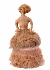 Antique Cloth Half Doll Pin Cushion Box &mdash; Pink Silk & Lace Lady, Curly Blonde