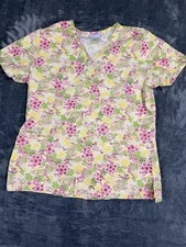 SB Scrubs Womens Floral Print V-Neck Scrub Top With Pockets Size M Cotton Blend