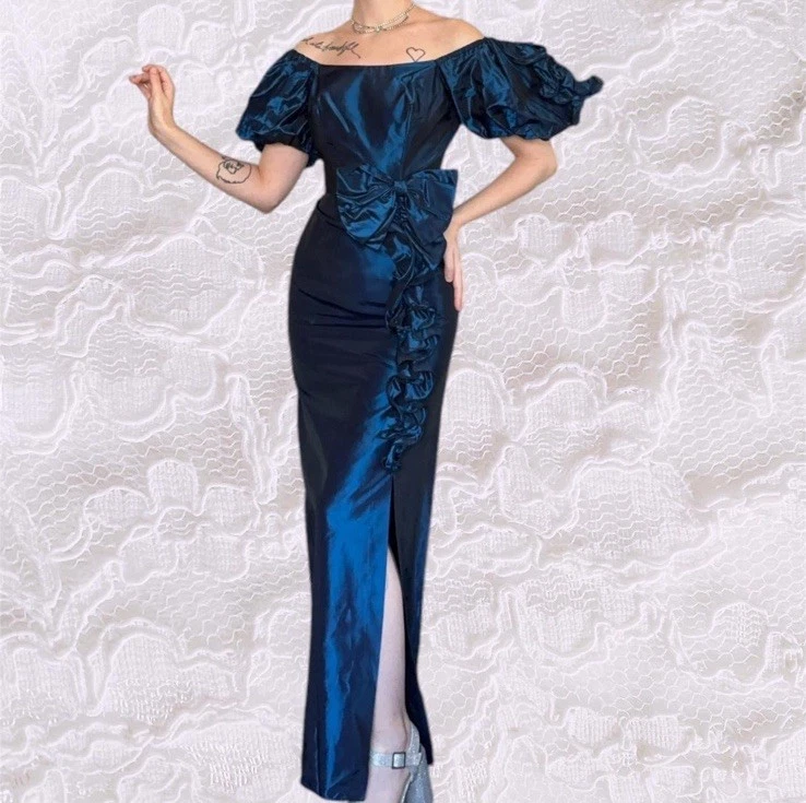 Vestido de noite vintage anos 80 azul royal iridescente tafetá, mangas folhadas (XXS/XS) - Imagem 3 de 4