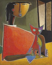 ANGEL BOTELLO Art Poster or Rolled Canvas Print "Woman With a Cat"