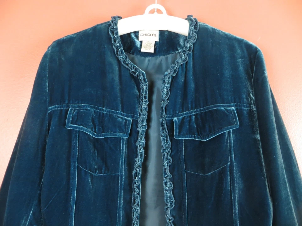 CJ0422- CHICO'S Woman Rayon Silk Open Front Jacket Deel Teel Blue Ruffle 0 XS-S - Image 3 of 4