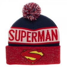 Superman Reflective Cuff Beanie Hat - DC Comics Red White Blue Pom S Logo Shield