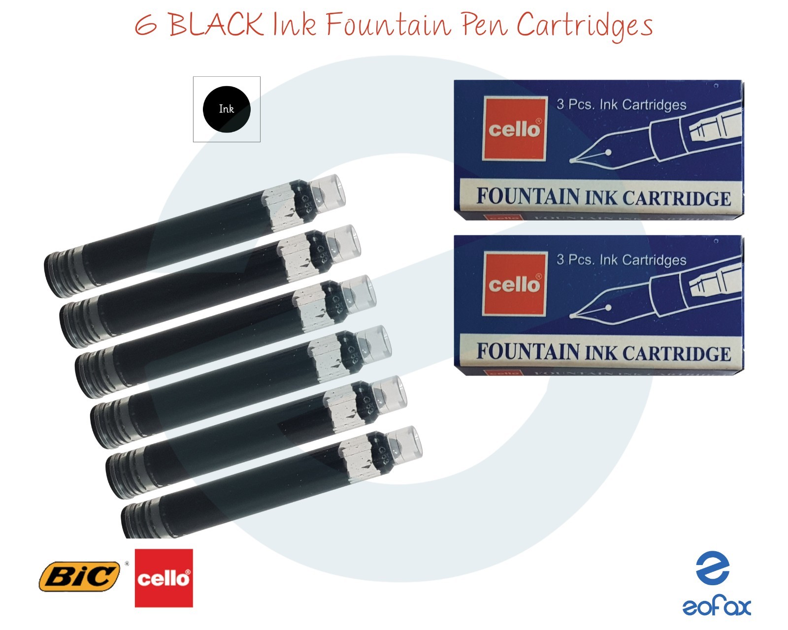 6 x BIC CELLO Fountain Pens BLACK Ink Standard Cartridges Refills eBay