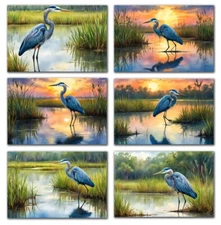 6 Assorted All Occasion Note Cards Blank Greeting Cards Marshland Blue Heron
