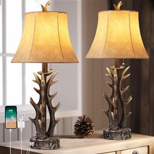Antler Table Lamps Set of 2 with USB A C Ports 28" Tall Rustic Farmhouse Deer...