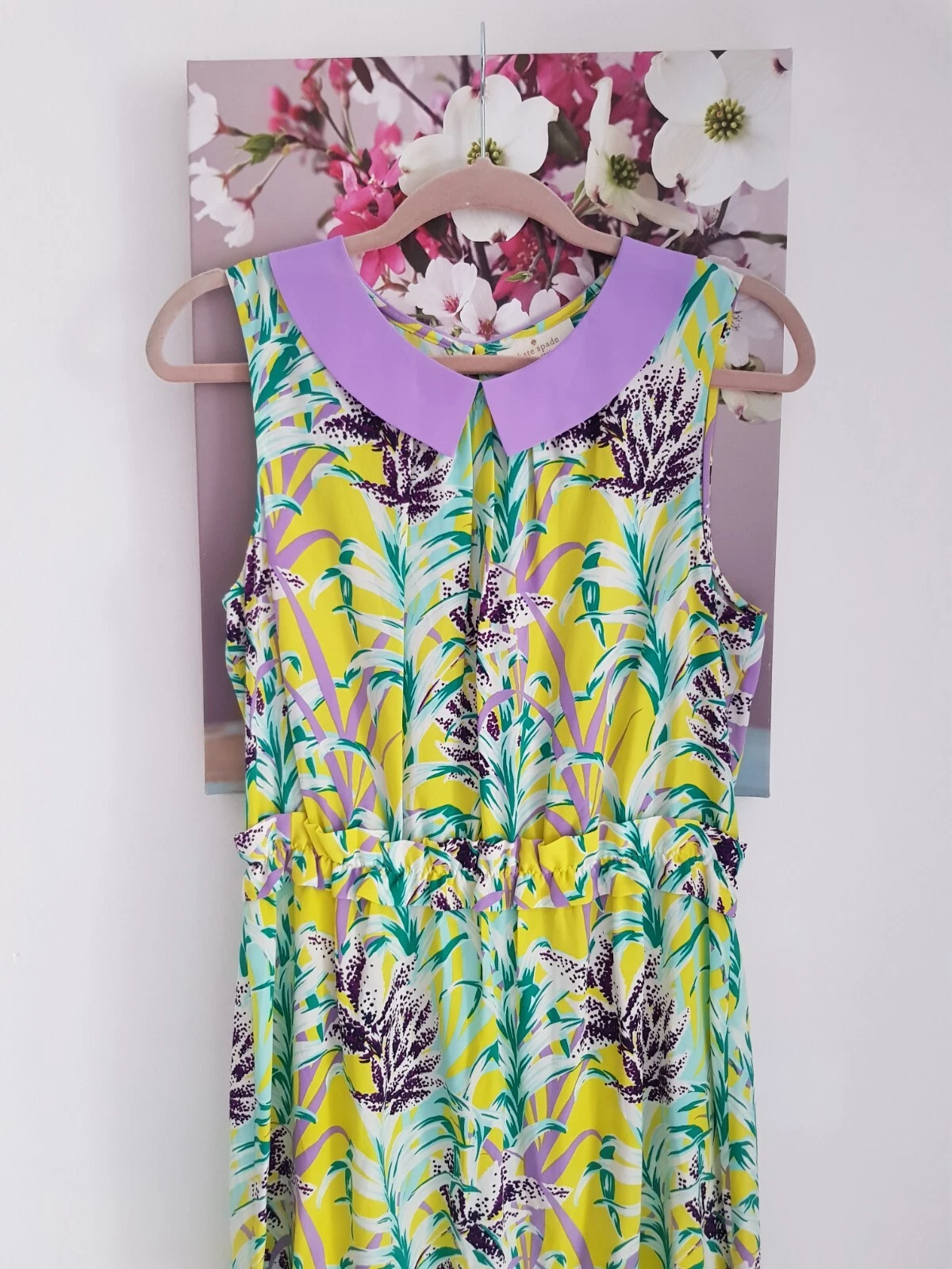 Abito midi floreale giallo e lilla Kate Spade taglia UK 10 misto seta immacolata