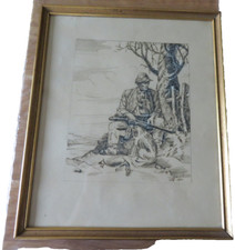 Handgemalte Federzeichnung,signiert, Jäger m. Hund, v. 1950