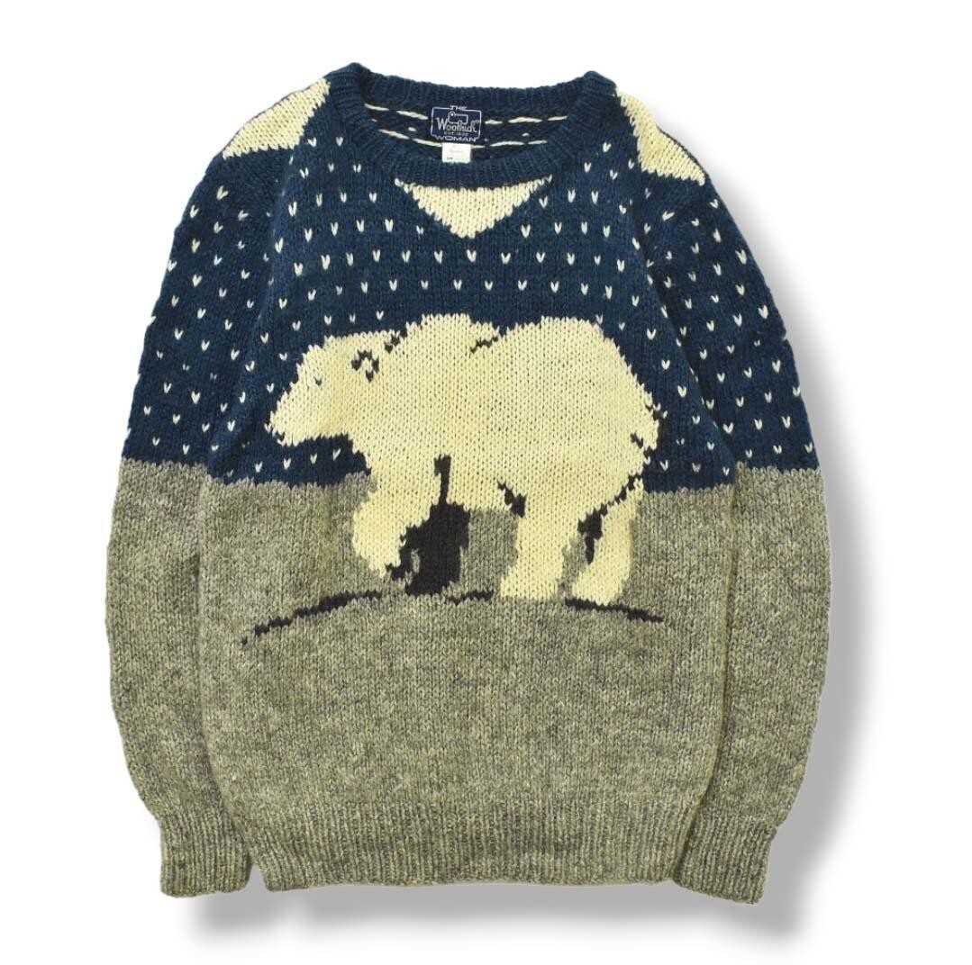 トップス 80s-90s WOOLRICH wool100% nordic knit Used 80s Woolrich Bear Sweater, Size L, Gray, Nordic Knit, Vintage