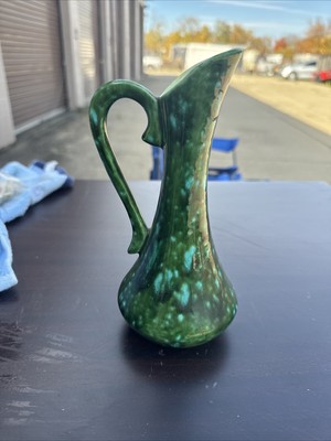Ceramic Handmade Pitcher Signed Ella Green With Light Blue Drips