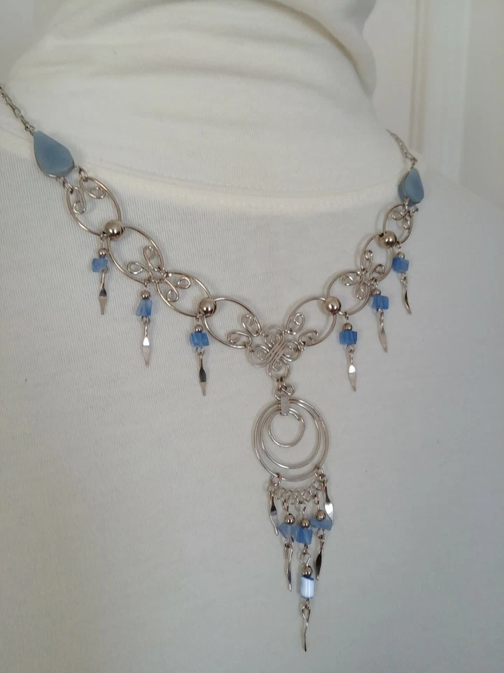 Genuino Larimar Piedra Curativa Natural Cuelga Acero Collar Gargantilla Gemas Colgante Foto 3 de 4