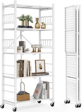 Himix 5-Tier Storage Folding Shelf with 20 Hooks, 4 Wheels, and Adjustable Feet