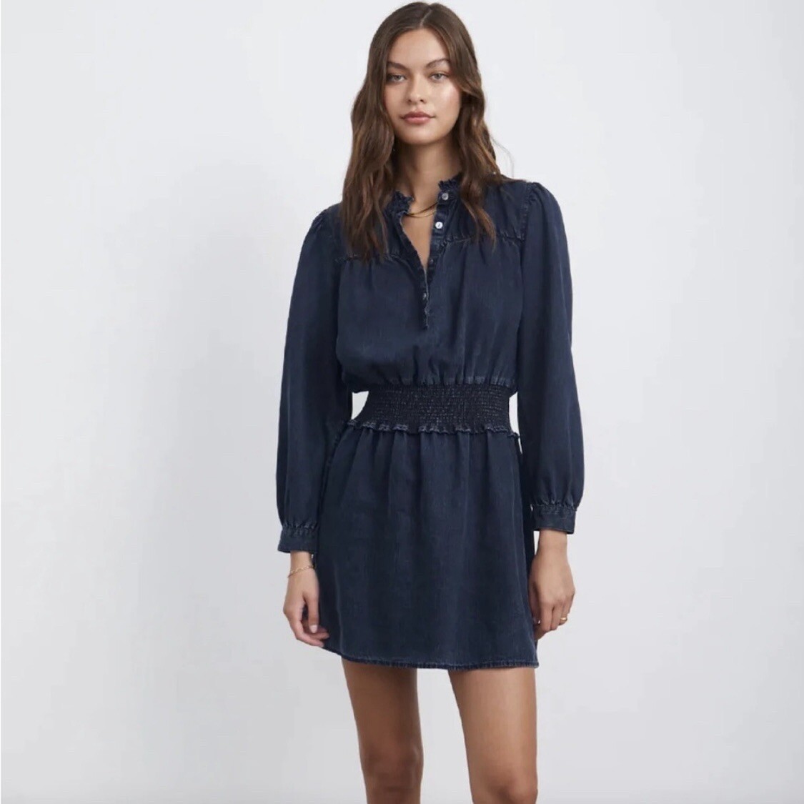 NWT Rails Smocked Chambray Vintage Wash Dark Denim Shawna Dress Sz M