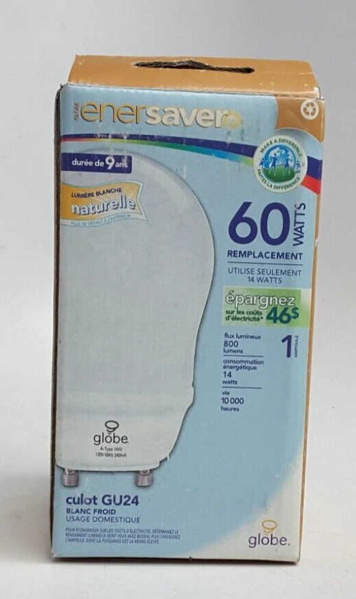 enersaver White Natural Light, 60 Watt Replacement 800 Lumens GU24 base Bulb 14W - Image 2 of 3
