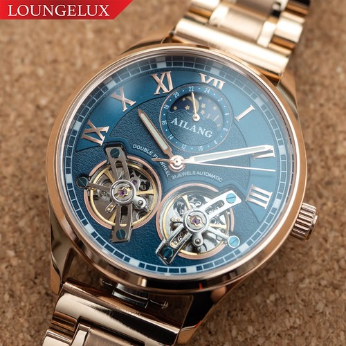 Reloj mecánico automático esqueleto de lujo para hombre doble volante acero inoxidable - Imagen 2 de 12