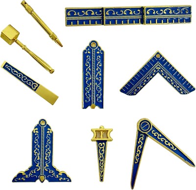 4 Sets Mini Freemason Tools Capri Blue Gold Plated Masonic Symbol