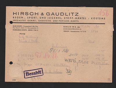 BERLIN, Brief 1944, Hirsch & Gaudlitz Regen-Sport-Stoff-Mäntel Kostüme