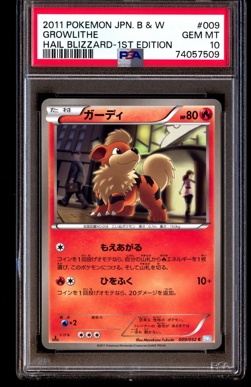 PSA 10 Gem Mint Growlithe 009/052 Hail Blizzard 1st ED 2011 Japanese Card Graded