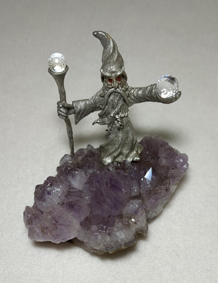 Vintage Pewter Wizard Figure w/ Staff and Orb on Amethyst Crystal