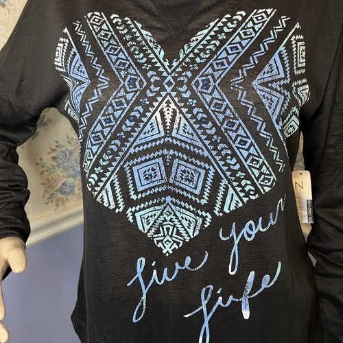 New Directions Black Long Sleeve Shirt W/Blue Heart “Live Your Life” Size S, NWT - Picture 3 of 10