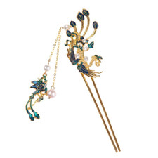 Phoenix U-shaped Hairpin Enameling Cloisonne Tassel Step Shake Chinese Hanfu