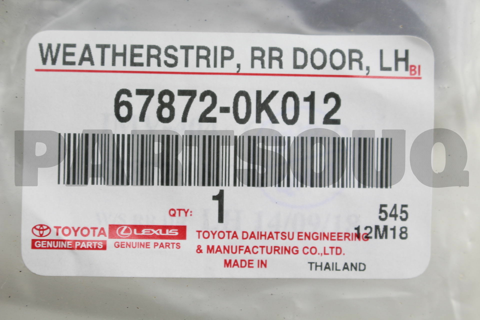 678720K012 Genuine Toyota WEATHERSTRIP, REAR DOOR, LH 67872-0K012 