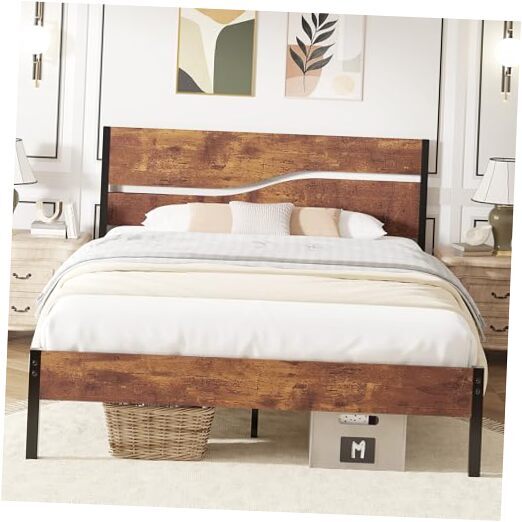 Full Size Platform Bed Frame with Wood Headboard, Solid and Strong Metal